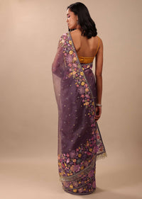 Fog Grey Saree In Organza With A Wide Floral Embroidered Pallu With Tassels