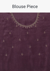 Fog Grey Saree In Organza With A Wide Floral Embroidered Pallu With Tassels