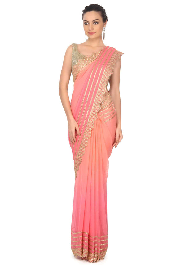 Shaded saree in pink and peach with kardana embroidery only on Kalki