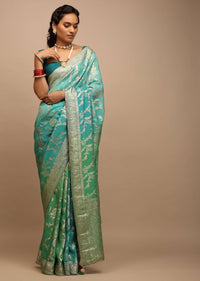 Sea Green And Turquoise Saree In Georgette With Woven Floral Jaal