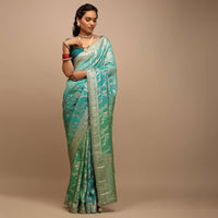 Sea Green And Turquoise Saree In Georgette With Woven Floral Jaal