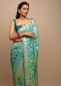 Sea Green And Turquoise Saree In Georgette With Woven Floral Jaal