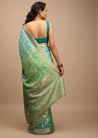 Sea Green And Turquoise Saree In Georgette With Woven Floral Jaal