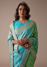 Sea Green And Turquoise Saree In Georgette With Woven Floral Jaal