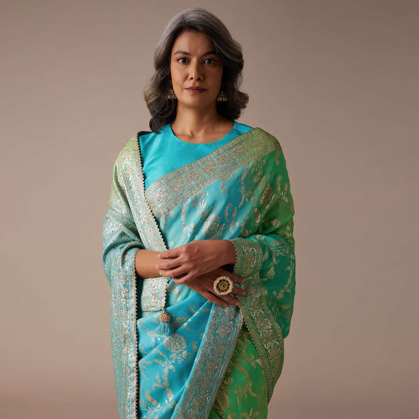 Sea Green And Turquoise Saree In Georgette With Woven Floral Jaal