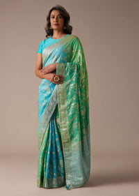 Sea Green And Turquoise Saree In Georgette With Woven Floral Jaal