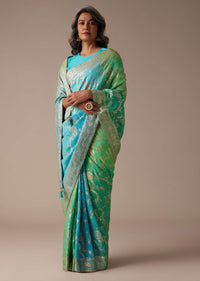 Sea Green And Turquoise Saree In Georgette With Woven Floral Jaal