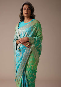 Sea Green And Turquoise Saree In Georgette With Woven Floral Jaal