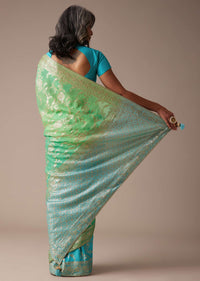 Sea Green And Turquoise Saree In Georgette With Woven Floral Jaal