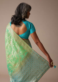 Sea Green And Turquoise Saree In Georgette With Woven Floral Jaal