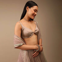 Shadow Grey Backless Blouse In Satin With Plunging Sweetheart Neckline And Curved Hem