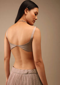 Shadow Grey Backless Blouse In Satin With Plunging Sweetheart Neckline And Curved Hem