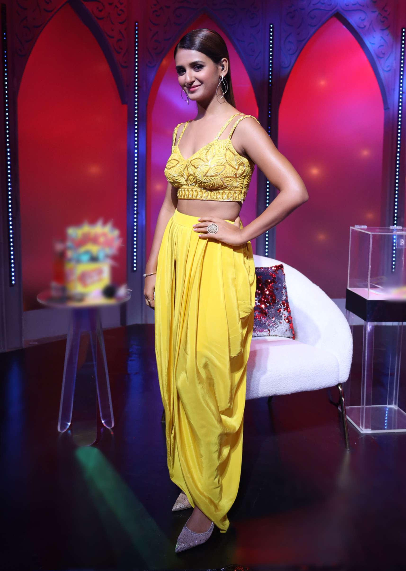 Corn Yellow Dhoti And Crop Top Suit With Hand Embroidered Leaf Motifs And A Matching Dupatta