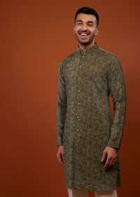 Army Green Floral Embroidered Kurta Set In Suede Velvet