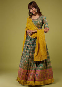 Moss Green With A Ocher Yellow Patola Print Anarkali Set In Cotton Silk