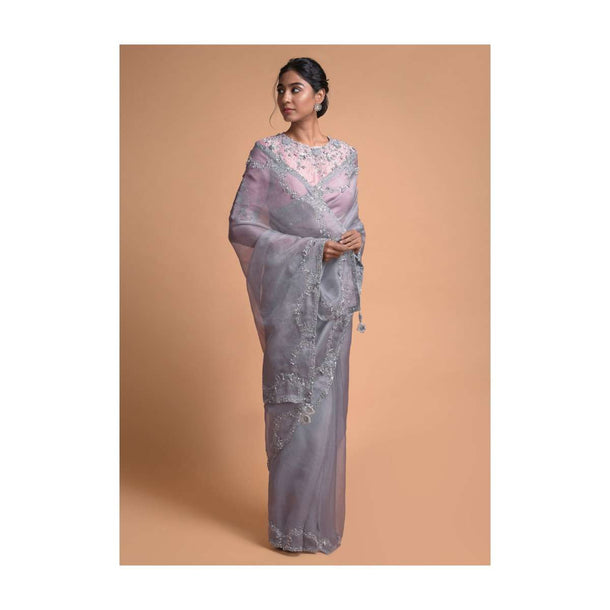 Shark Grey Saree In Organza With Embellished Semi Circles On The Border Online - Kalki Fashion