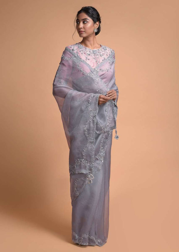 Shark Grey Saree In Organza With Embellished Semi Circles On The Border Online - Kalki Fashion