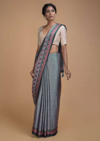 Shark Grey Saree With Printed Buttis And Floral And Geometric Jaal Online - Kalki Fashion