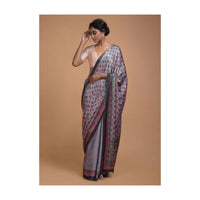 Shark Grey Saree With Printed Buttis And Floral And Geometric Jaal Online - Kalki Fashion