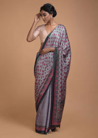 Shark Grey Saree With Printed Buttis And Floral And Geometric Jaal Online - Kalki Fashion