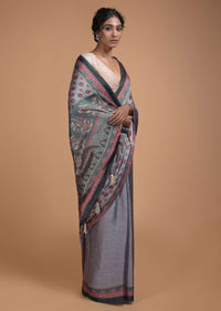 Shark Grey Saree With Printed Buttis And Floral And Geometric Jaal Online - Kalki Fashion