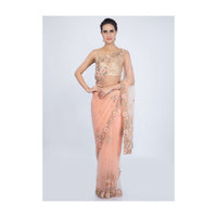 Peach Saree In Net With Floral Embroidered Buttis And Border Online - Kalki Fashion