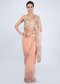 Peach Saree In Net With Floral Embroidered Buttis And Border Online - Kalki Fashion