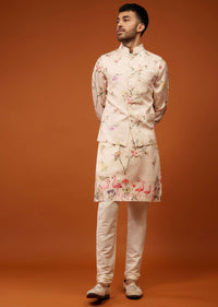 Nude White Flora And Fauna Printed Bandi Jacket Set In Cotton Silk