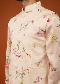 Nude White Flora And Fauna Printed Bandi Jacket Set In Cotton Silk