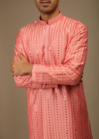 Shell Pink Kurta Set In Silk With Resham And Sequins Abla Embroidered Striped Design