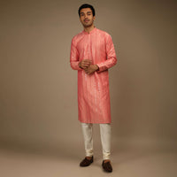 Shell Pink Kurta Set In Silk With Resham And Sequins Abla Embroidered Striped Design