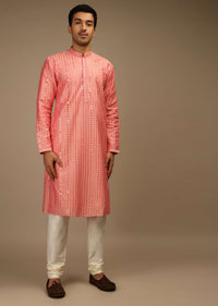 Shell Pink Kurta Set In Silk With Resham And Sequins Abla Embroidered Striped Design