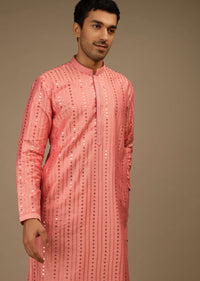 Shell Pink Kurta Set In Silk With Resham And Sequins Abla Embroidered Striped Design