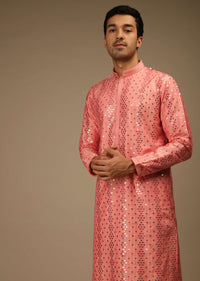 Shell Pink Kurta Set In Silk With Resham And Sequins Abla Embroidered Geometric Motifs