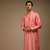 Shell Pink Kurta Set In Silk With Resham And Sequins Abla Embroidered Geometric Motifs