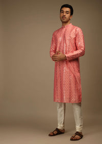 Shell Pink Kurta Set In Silk With Resham And Sequins Abla Embroidered Geometric Motifs