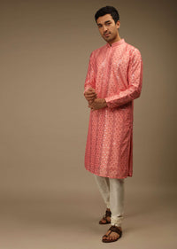 Shell Pink Kurta Set In Silk With Resham And Sequins Abla Embroidered Geometric Motifs
