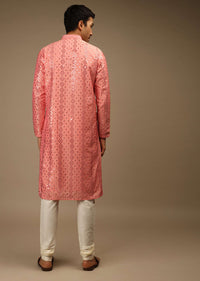 Shell Pink Kurta Set In Silk With Resham And Sequins Abla Embroidered Geometric Motifs