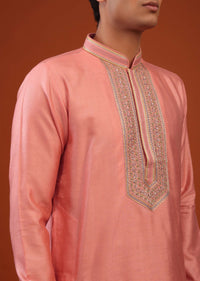 Coral Pink Thread Embroidered Silk Kurta Set