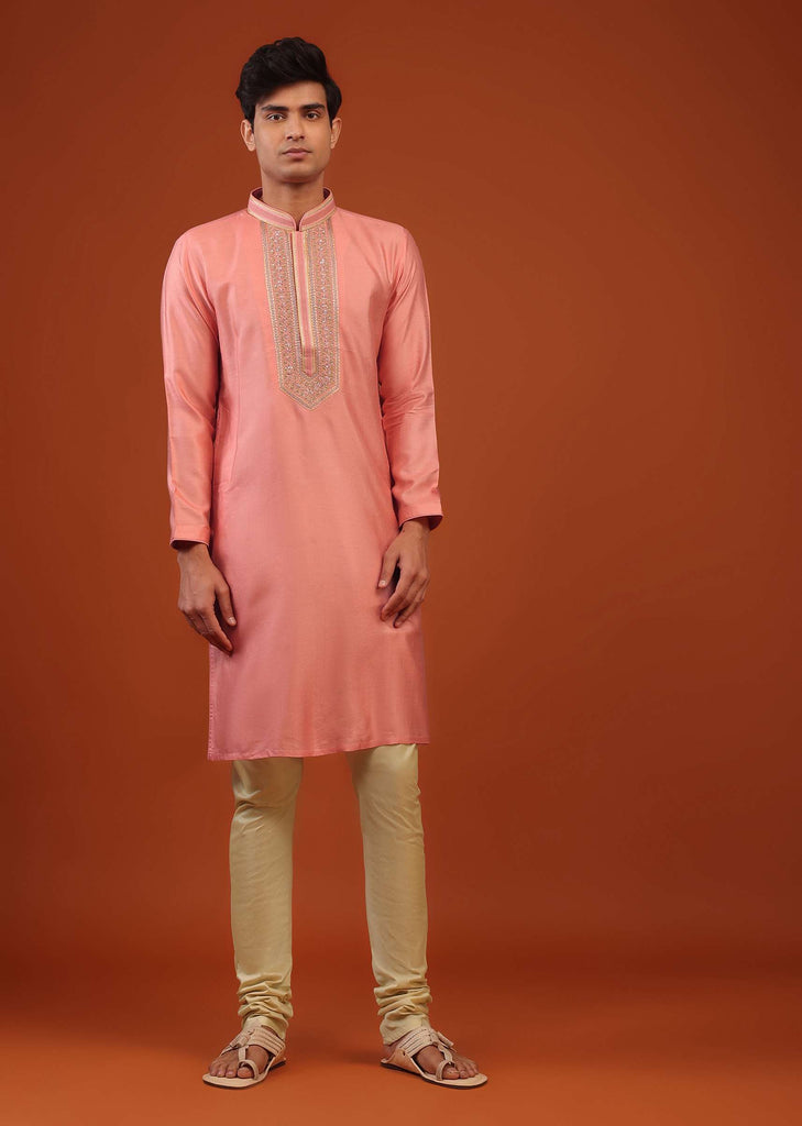 Coral Pink Thread Embroidered Silk Kurta Set