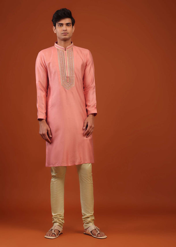 Coral Pink Thread Embroidered Silk Kurta Set