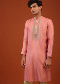 Coral Pink Thread Embroidered Silk Kurta Set