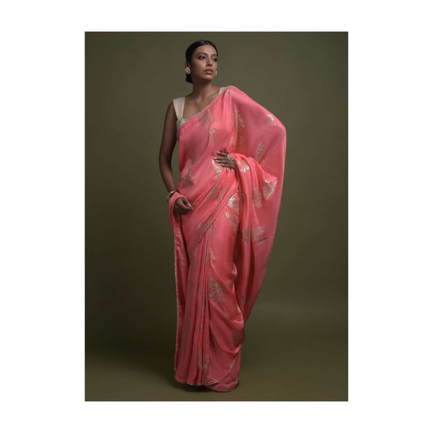 Sherbet Pink Saree In Silk Blend With Weaved Floral Motifs In Repeat Pattern Online - Kalki Fashion