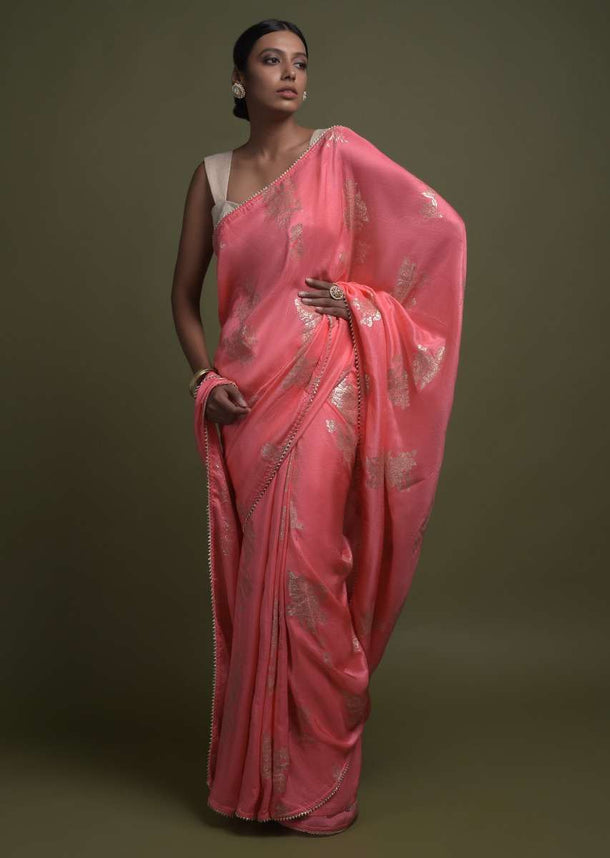 Sherbet Pink Saree In Silk Blend With Weaved Floral Motifs In Repeat Pattern Online - Kalki Fashion