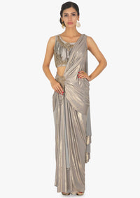 Shimmer Lycra saree skirt with pre stitched pallo in zari patch  with chain dangler