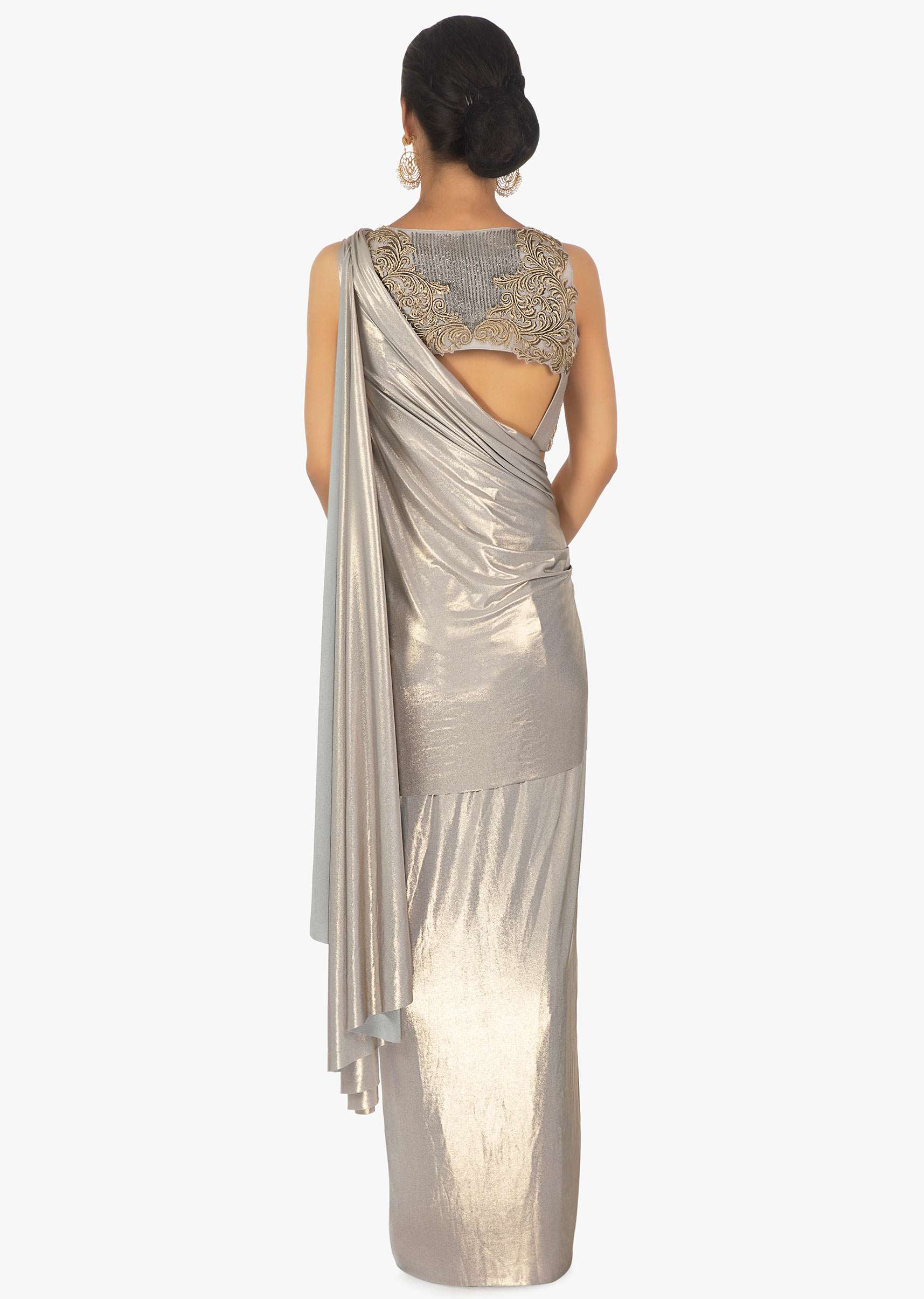 Shimmer Lycra saree skirt with pre stitched pallo in zari patch  with chain dangler