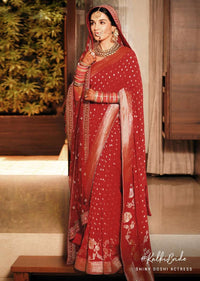 Fiery Red Saree In Georgette With Brocade Buttis And Floral Border Online - Kalki Fashion