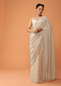 Gold Beige Half And Half Saree In Organza With Cut Dana And Sequins Embroidery And Sequins Lycra Pallu