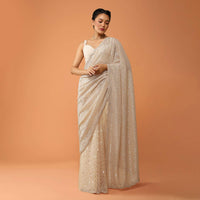 Gold Beige Half And Half Saree In Organza With Cut Dana And Sequins Embroidery And Sequins Lycra Pallu