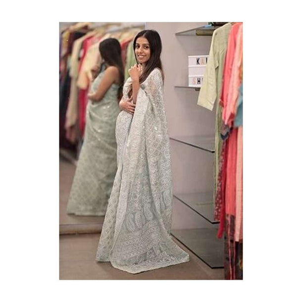 Powder Blue Saree In Organza With Lucknowi Thread Embroidered Moroccan And Paisley Motifs Online - Kalki Fashion